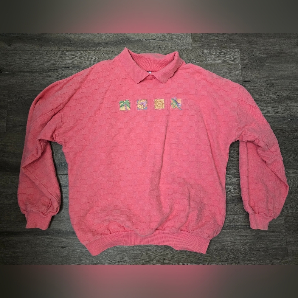 VTG Crazy Shirt Hawaii Collared Sweatshirt Pink Coral Textured Womens Size Med